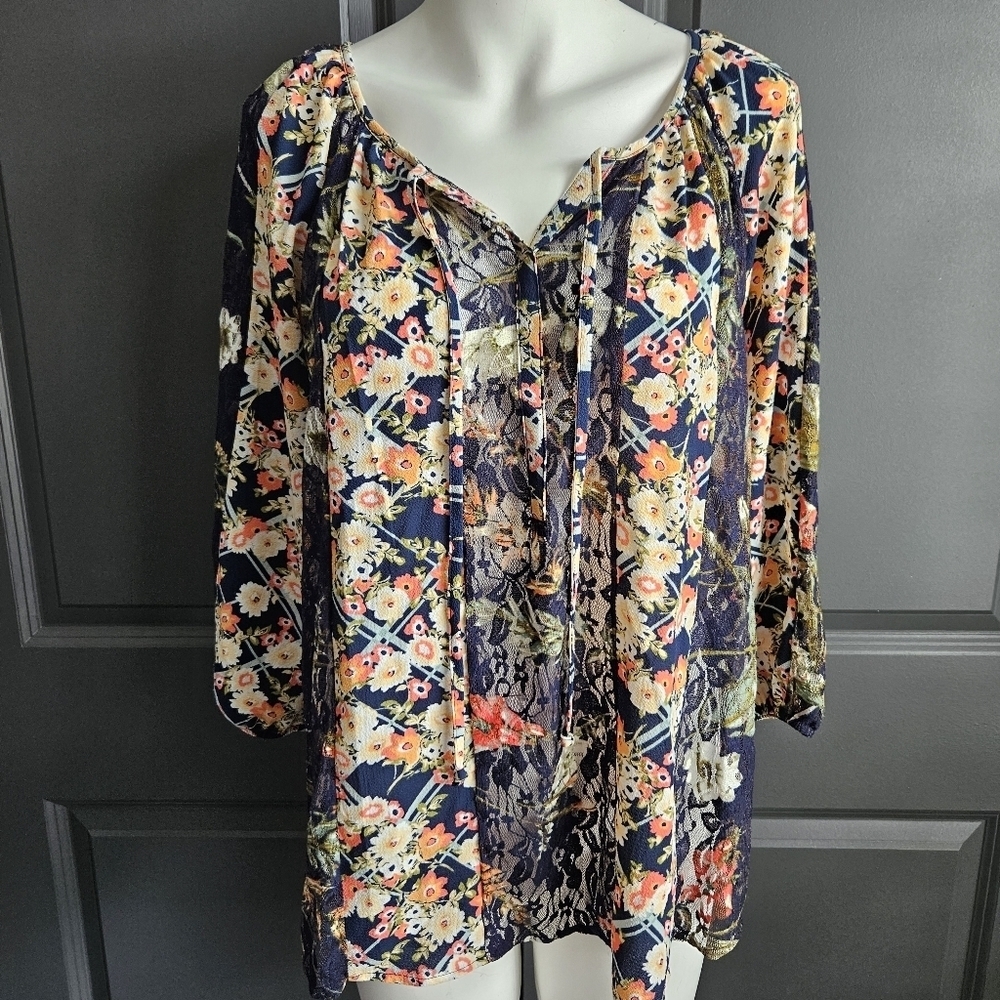Anthropologie Navy Floral Peasant Blouse